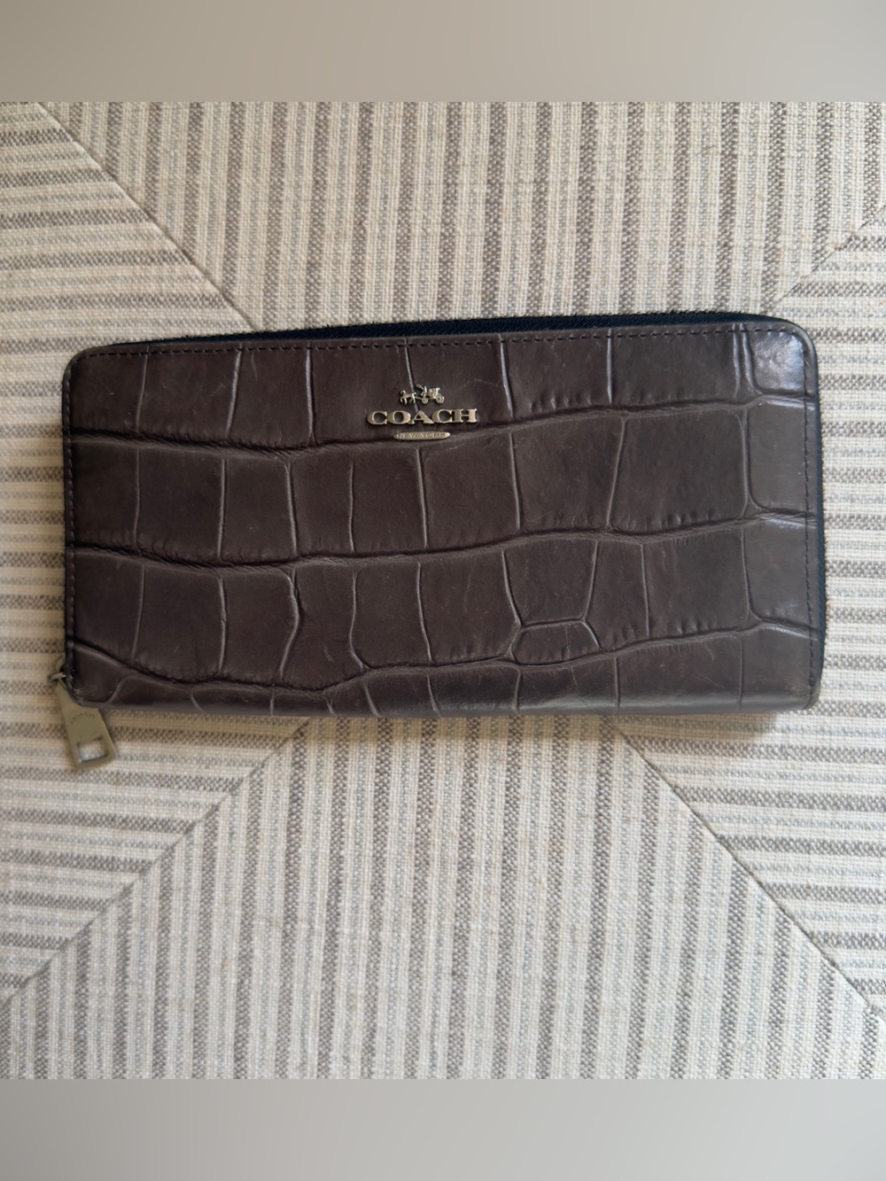 Coach Croc-Embossed Accordion Zip Around Wallet Gray